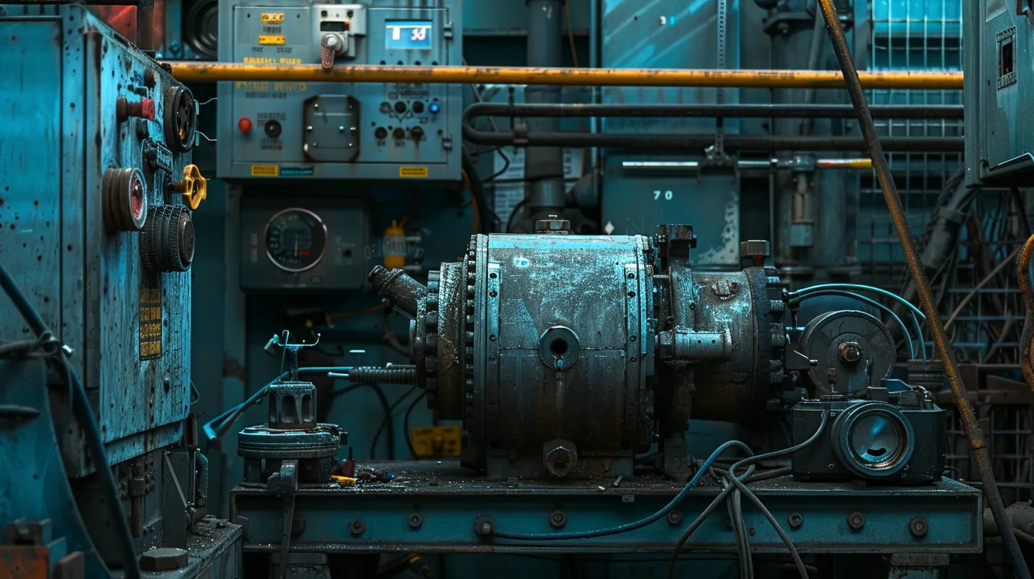 a close-up view of an aging industrial electric motor, surrounded by diagnostic tools and gauges, illuminated by a dramatic light highlighting its wear and tear, conveying urgency and the need for immediate repair intervention.