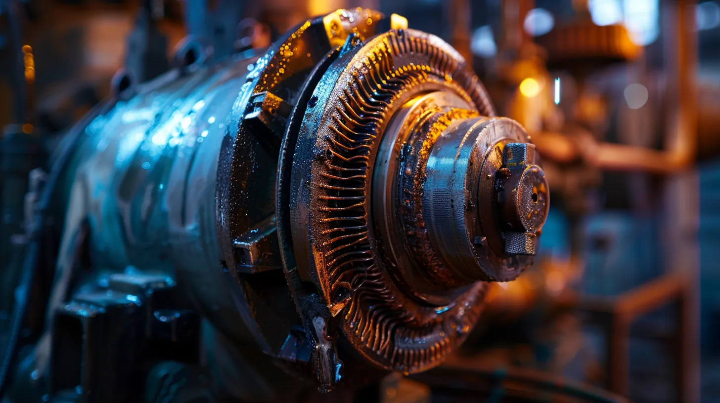 a close-up view of an industrial motor showing visible signs of wear, with heat distortion on the surface and a faint aura of smoke, illuminated by harsh fluorescent lighting, capturing the urgency of mechanical failure.