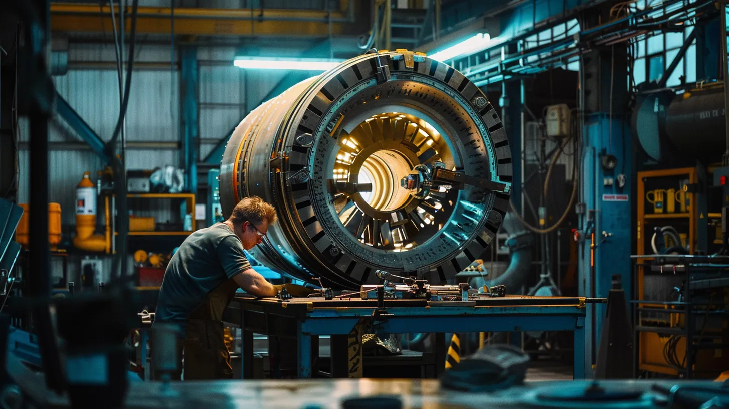 a focused industrial workspace features a skilled technician diagnosing a large emergency motor with precision instruments, illuminated by bright overhead lights that highlight the urgency and expertise necessary for critical repairs.